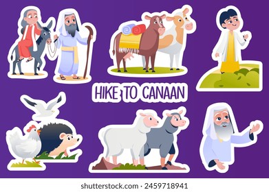 Set of stickers Hike to Canaan in flat cartoon design. This wonderful illustration depicts Abraham's family, cute animals and their journey to Canaan. Vector illustration.