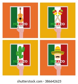 Set of stickers hold by hands with different icons for cinco de mayo celebrations