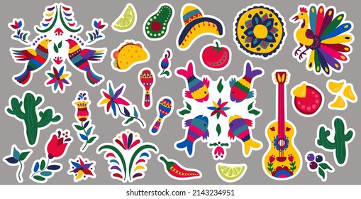 Set of stickers for the holiday Cinco de Mayo. Hand-drawn style.
