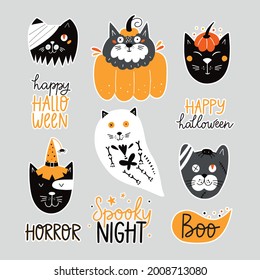 Set of stickers for the holiday for Day of the dead or Halloween. Halloween design elements. Vector hand drawn illustration
