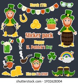 Set of stickers for the holiday of St. Patrick's Day on a gray background, leprechauns, horseshoe, gold coins, shamrock, pipe, heads with gold, kesk, inscriptions. Vector illustration.