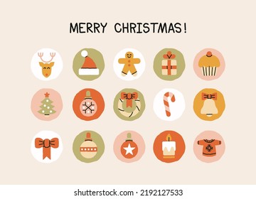 Set of stickers with holiday symbols. Cute style, pastel colors. New Year and Christmas concept. Icons, highlights.
Hand drawn vector illustration. For print, fabric, wrapping paper design