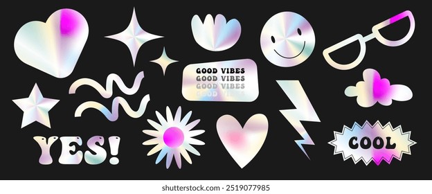 A set of stickers with a holographic effect. Good vibes, star, wave, heart,glasses. Vector templates of holographic stickers.