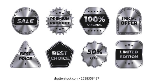 Set stickers with a holographic effect. Hologram various geometric shapes. Set of label with metal foil texture Sale, 100% Original, Special Offer, Best Price, Best Choice, Premium Product,  50% off.