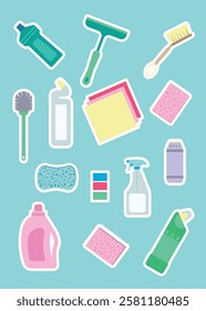 A set of stickers with home cleaning equipment and chemicals. Simple flat vector illustration.