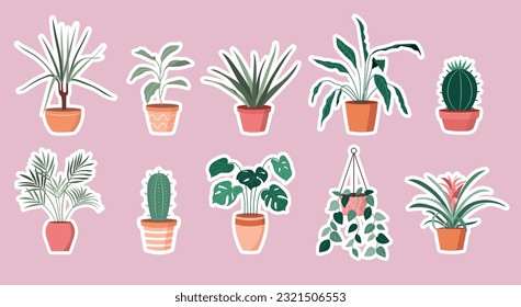 A set of stickers with home plants in pots. Vector illustration