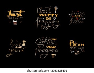 Set stickers humor quote about coffee with cup, Drip coffee bag, bean and others object. Cute collection design elements for paper, journal, icon, agenda, printable