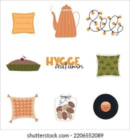 Set of stickers Hygge Autumn. Vector warm and cozy hygge collection of autumn stickers and illustrations in cartoon style.