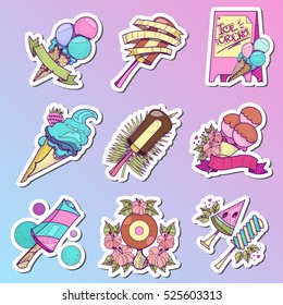 Set of stickers ice cream. Different types of ice cream colored illustration for design products, clothing, creating a seamless pattern. Set of ice cream for mobile applications, game creation.