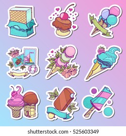 Set of stickers ice cream. Different types of ice cream colored illustration for design products, clothing, creating a seamless pattern. Set of ice cream for mobile applications, game creation.