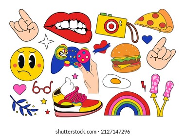 Set of stickers. Icon collection in retro style, back to 80s and 90s. Lips, sneakers, burgers. Graphic elements for website design. Cartoon flat vector illustrations isolated on white background