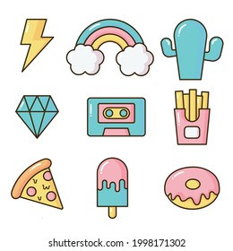 set of stickers or icon fashion patch badges. cartoon 80s, 90s comic style for girls isolated on white background. vector illustration