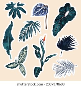 Set of stickers and icons of blue tropical palm leaves and plants illustration.