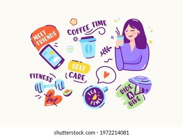 Set of Stickers or Icons in Doodle Linear Style. Meet Friends, Coffee Time, Fitness, Self Care, Ride a Bike, Tea Time. Smartphone, Dumbbell and Bicyclist Helmet with Girl. Cartoon Vector Illustration