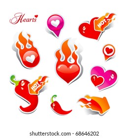 Set of stickers and icons of flaming hearts and hot chili peppers, for themes like love, Valentine's day, holidays. Vector illustration.