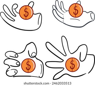 A set of stickers or icons in the form of cartoon hands or gloves with a cryptocurrency gold coin.
