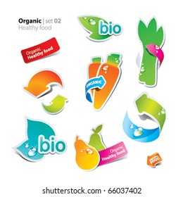 Set of stickers and icons of healthy and organic food. Vector illustration.