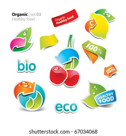 Set of stickers and icons of healthy and organic food. Vector illustration.