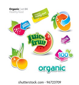 Set of stickers and icons of healthy and organic food. Vector illustration.