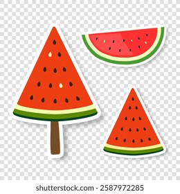 A set of stickers or icons made of three slices of watermelon on a transparent background. Fashionable design in the style of pop art of the 80s. Vector EPS 10.