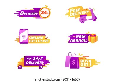 Set Of Stickers And Icons For Sale, Delivery And New Arrival. Purple And Yellow Duotone Express Delivery Symbol On White Background.