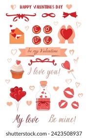 Set of stickers icons template for cards, banners for Valentine's Day. Hearts of different shapes, a heart in hands, a muffin with a heart, a lollipop, an air kiss, a letter with hearts.