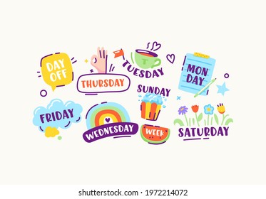 Set of Stickers or Icons of Week Days Sunday, Monday, Tuesday and Wednesday, Thursday and Friday or Saturday, Day Off Colorful Design Elements in Doodle Linear Style. Cartoon Vector Illustration