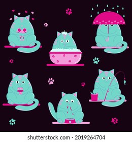 a set of stickers with the image of a cute cat in the style of flat