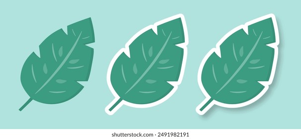 A set of stickers with the image of a green leaf on a blue background. Fashionable design in the style of pop art of the 80s. Vector illustration.