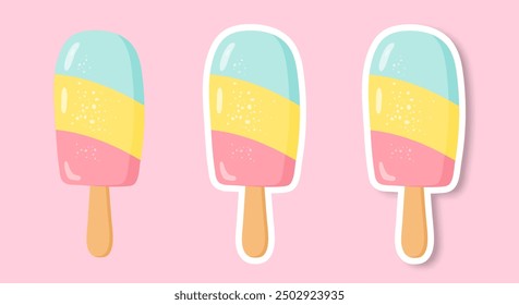 A set of stickers with an image of ice cream on a pink background. Icons with the image of ice cream. Fashionable design in the style of pop art of the 80s. Vector format EPS 10.