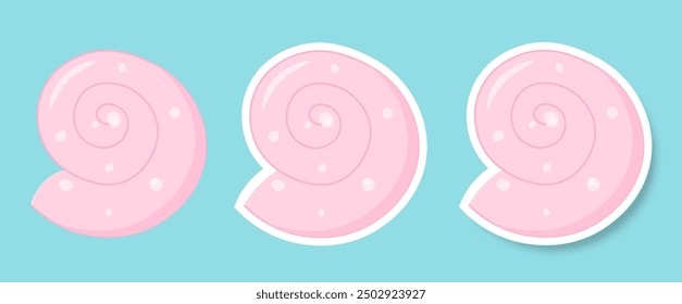 A set of stickers with the image of seashells on a blue background. Icons with the image of shells. Fashionable design in the style of pop art of the 80s. Vector format EPS 10.