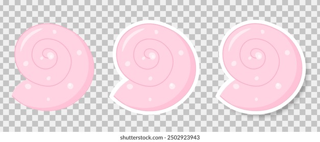 A set of stickers with the image of seashells on a transparent background. Icons with the image of shells. Fashionable design in the style of pop art of the 80s. Vector format EPS 10.