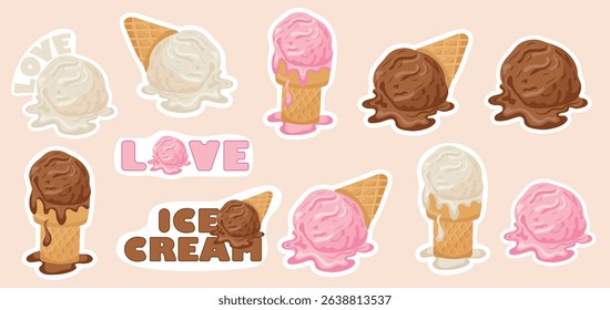set of stickers with images of various melting ice cream in waffle cones and ice cream scoops, for printing and social media