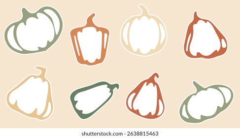 set of stickers with images of various pumpkins of different shapes and sizes, for printing and social networks