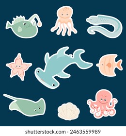 A set of stickers of the inhabitants of the seas and oceans. Shark, stingray, jellyfish, seashell, starfish, fish. Vector illustration.
