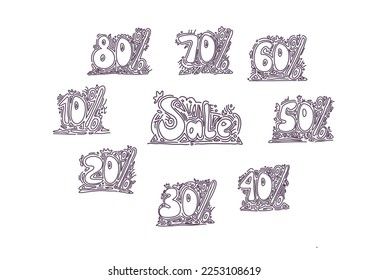 Set of stickers with the inscription SALE , 10% 20% 30% 40% 50% 60% 70% 80%. Vector hand draw doodle illustration. Advertising or promo. Shopping concept. Promotion price mega sale, shop now