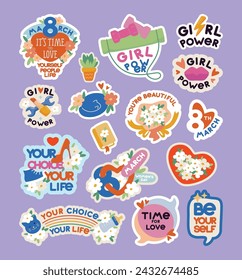 a set of stickers for inspiration on March 8, feminine strength and individuality, various hobby and activity icons.