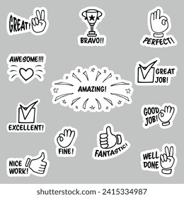 Set of stickers with inspirational and motivational, positive slogans, phrases, compliments, lettering quotes. Hand drawn vector doodles in line style, sketch style.