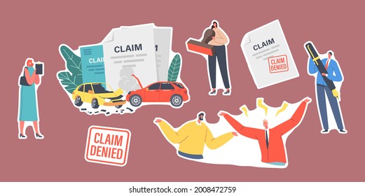 Set of Stickers Insurance Claim Denied Theme. Car Accident. Characters Dispute with Agent for Denied Policy Paper, Document to Get Money for Broken Automobile. Cartoon People Vector Illustration