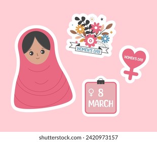 Set of stickers for International Women's Day with a cute Muslim girl.Vector illustration.
