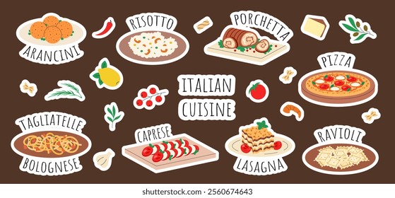 Set of stickers Italian cuisine, food, dish. Pizza, lasagna, pasta tagliatelle bolognese, ravioli, risotto, arancini, porchetta, caprese. Vector illustration