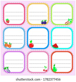 
A set of stickers for jam jars, notebooks, containers, etc. with schematic images of fruits and rulers for inscriptions.
Vector.