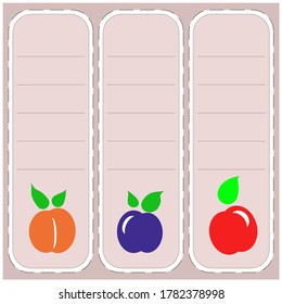 A set of stickers for jam jars, notebooks, containers, etc. with schematic images of fruits and rulers for inscriptions.
Vector.