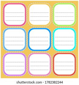 A set of stickers for jam jars, notebooks, containers, etc. with multi-colored borders and rulers for inscriptions.
Vector.