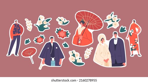 Set of Stickers Japanese Brides and Grooms. Asian Marriage Traditions and Culture, Traditional Wedding. Couples Wear Bridal Dress, Newlywed Characters in Kimono. Cartoon People Vector Illustration