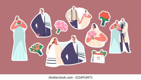 Ceremonia de matrimonio de parejas judías con pegatinas, personajes de recién casados con ropa festiva, hombres recién casados modernos y mujeres con amor, celebran fiesta matrimonial. Ilustración de vectores de personas de caricatura