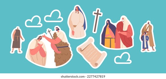 Set of Stickers John The Baptist Baptizing Jesus In Jordan River Biblical Christian Religious Characters