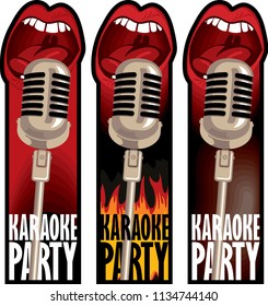 a set of stickers for a karaoke party with a microphone and a mouth that sings