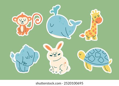 Set stickers of kawaii animal characters whale, giraffe, turtle, rabbit, elephant, monkey