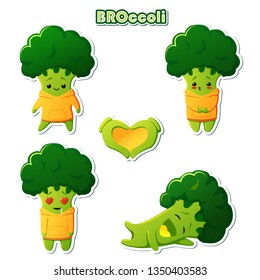 Set of Stickers kawaii broccoli character. Cute broccoli in yellow hoodies. Laughing broccoli. Loving broccoli